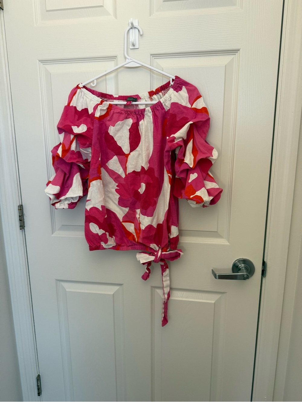 Pink Floral Off-Shoulder Tie-Hem Women’s Blouse with big puffy sleeves - Small